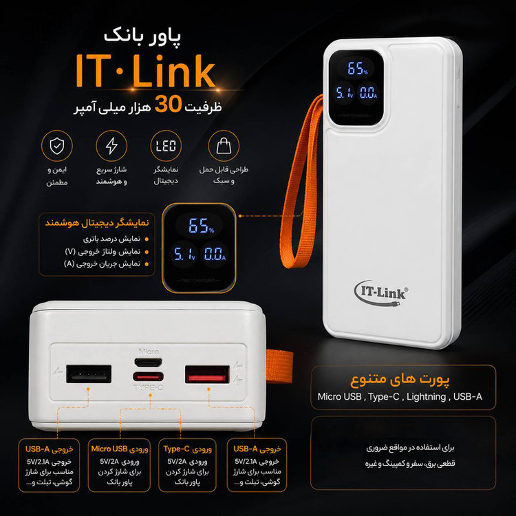 پاوربانک 22.5 وات آی تی لینک مدل 3LCD ظرفیت 30000 میلیآمپرساعت