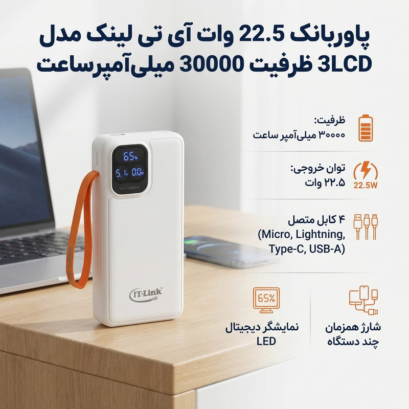 پاوربانک 22.5 وات آی تی لینک مدل 3LCD ظرفیت 30000 میلیآمپرساعت