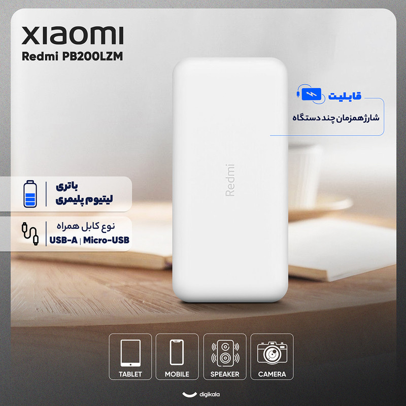 پاوربانک 18 وات شیائومی مدل Redmi PB200LZM ظرفیت 20000 میلی آمپرساعت به همراه شارژر دیواری سامسونگ و کابل تبدیل
