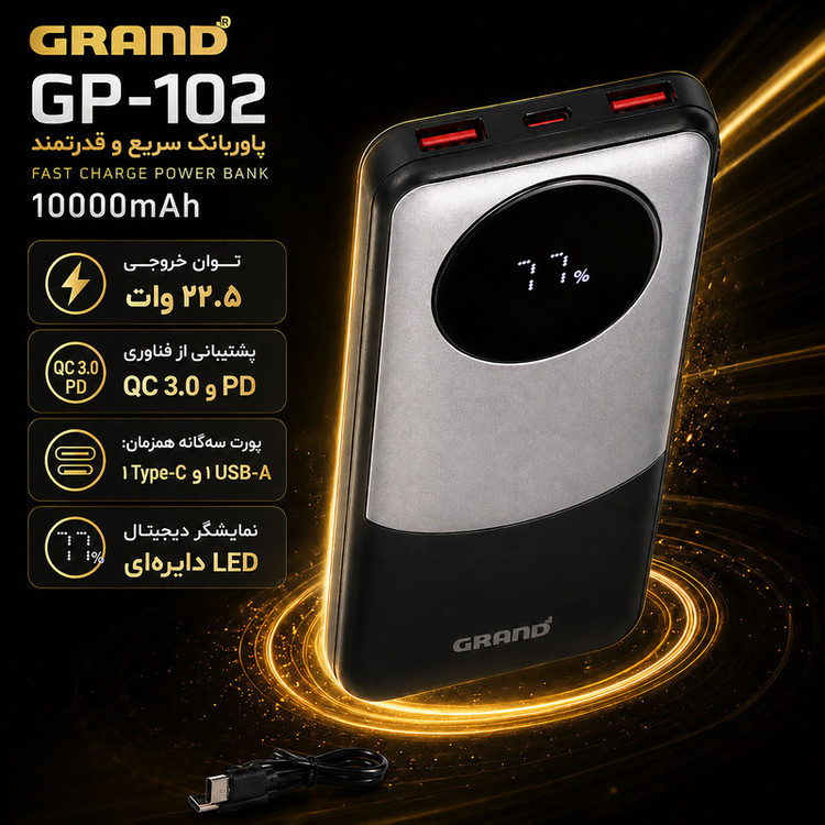 پاوربانک 22.5 وات گرند اسکای مدل GP - 102 ظرفیت 10000 میلیآمپرساعت به همراه کابل USB-C به USB-C