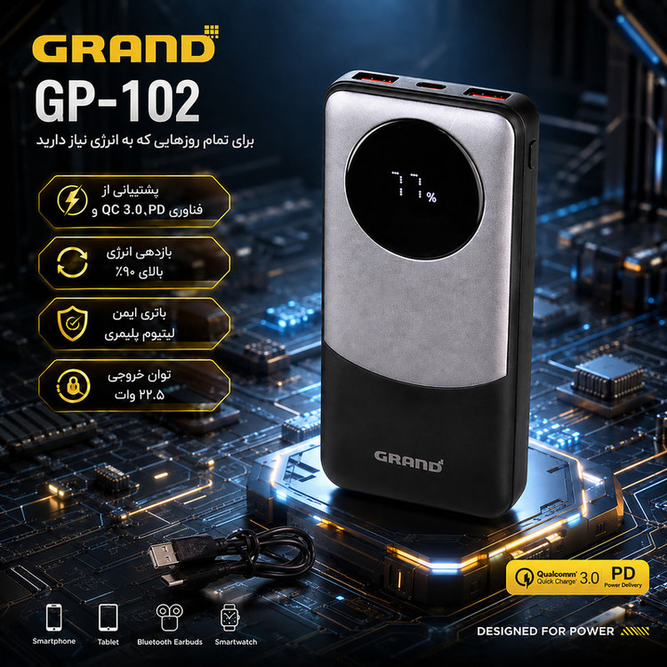 پاوربانک 22.5 وات گرند اسکای مدل GP - 102 ظرفیت 10000 میلیآمپرساعت به همراه کابل USB-C به USB-C