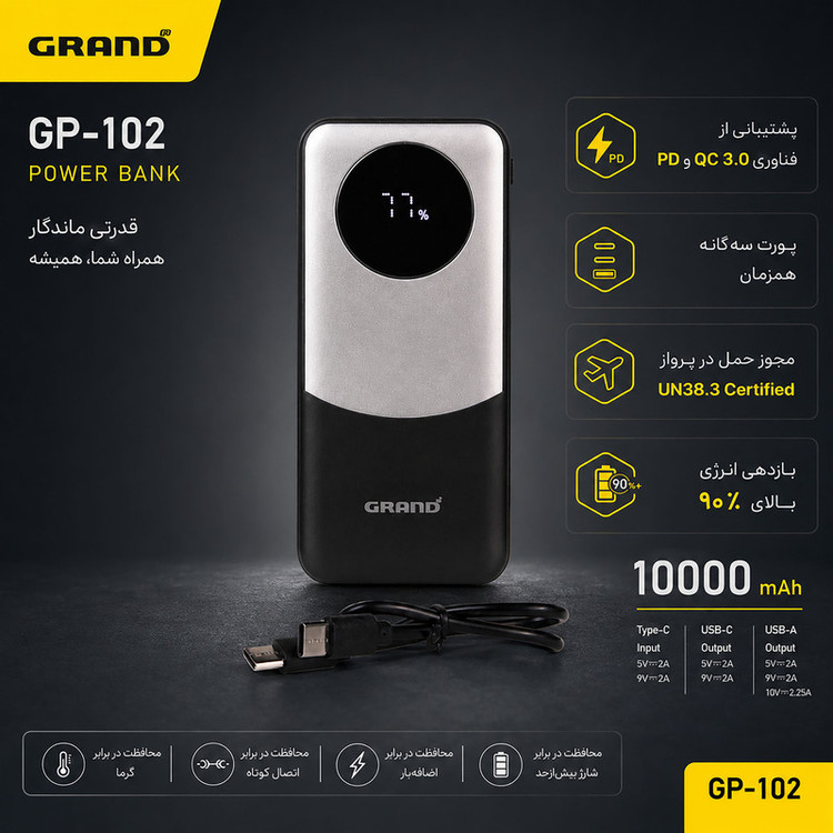 پاوربانک 22.5 وات گرند اسکای مدل GP - 102 ظرفیت 10000 میلیآمپرساعت به همراه کابل USB-C به USB-C