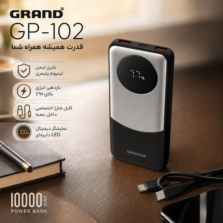 پاوربانک 22.5 وات گرند اسکای مدل GP - 102 ظرفیت 10000 میلیآمپرساعت به همراه کابل USB-C به USB-C