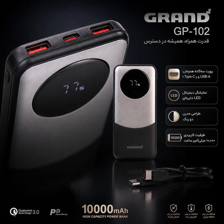 پاوربانک 22.5 وات گرند اسکای مدل GP - 102 ظرفیت 10000 میلیآمپرساعت به همراه کابل USB-C به USB-C