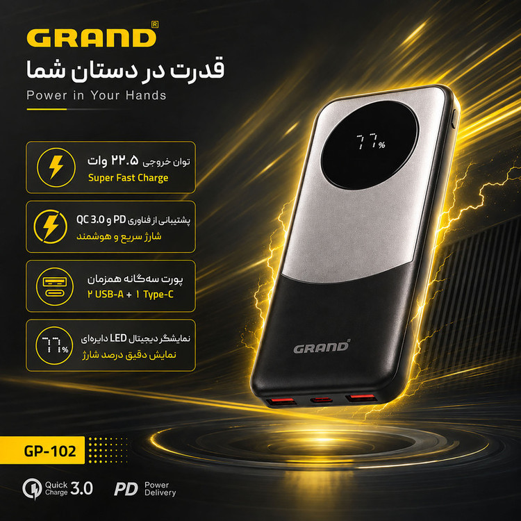 پاوربانک 22.5 وات گرند اسکای مدل GP - 102 ظرفیت 10000 میلیآمپرساعت به همراه کابل USB-C به USB-C