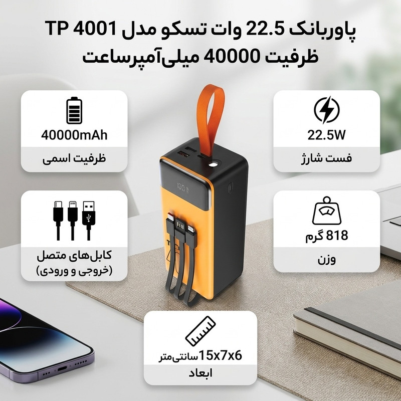 پاوربانک 22.5 وات تسکو مدل TP 4001 ظرفیت 40000 میلیآمپرساعت