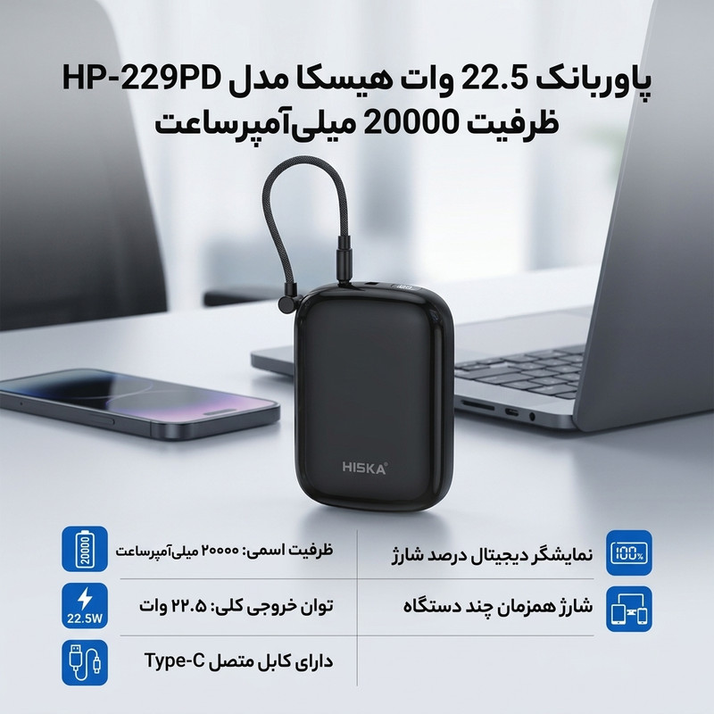 پاوربانک 22.5 وات هیسکا مدل HP-229PD ظرفیت 20000 میلیآمپرساعت