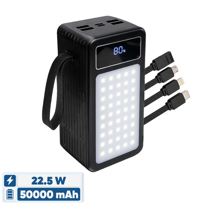 پاوربانک 22.5 وات پی زد ایکس مدل V89s PD Fast Charge ظرفیت 50000 میلیآمپرساعت به همراه چهار کابل متصل USB-A، USB-C، MicroUSB و لایتنینگ