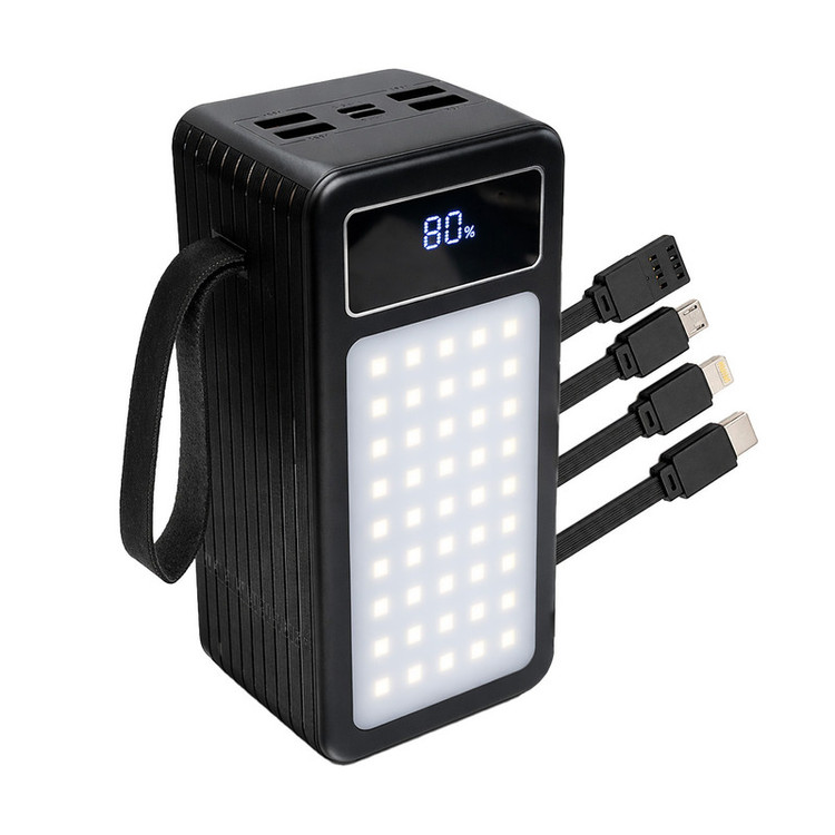 پاوربانک 22.5 وات پی زد ایکس مدل V89s PD Fast Charge ظرفیت 50000 میلیآمپرساعت به همراه چهار کابل متصل USB-A، USB-C، MicroUSB و لایتنینگ