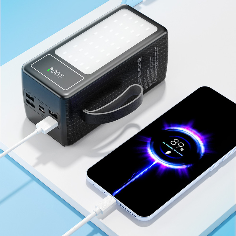 پاوربانک 22.5 وات پی زد ایکس مدل V89s PD Fast Charge ظرفیت 50000 میلیآمپرساعت به همراه چهار کابل متصل USB-A، USB-C، MicroUSB و لایتنینگ