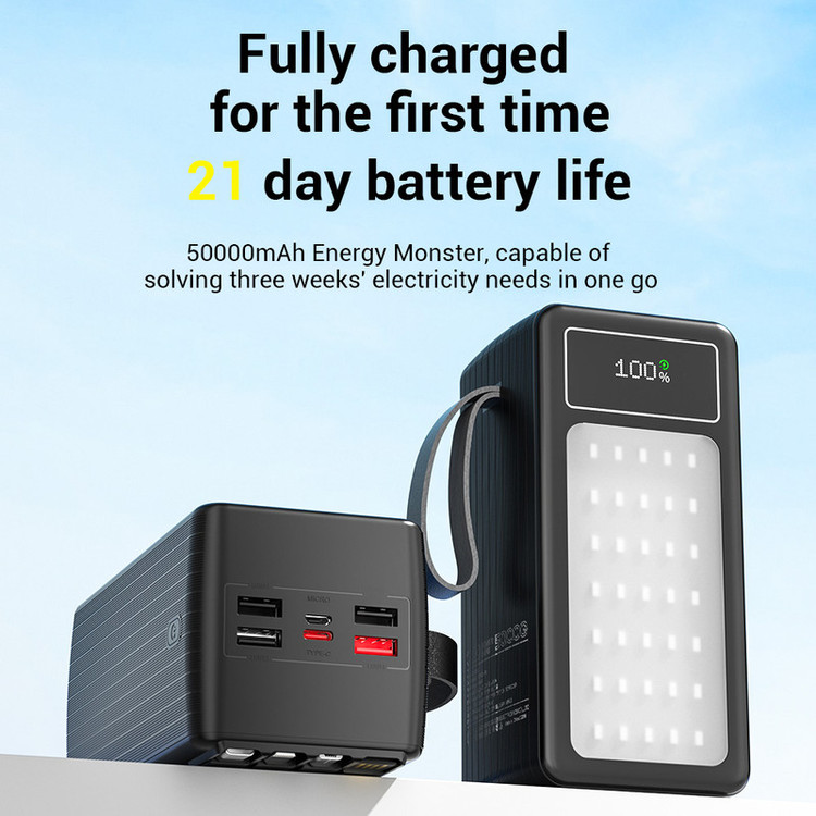 پاوربانک 22.5 وات پی زد ایکس مدل V89s PD Fast Charge ظرفیت 50000 میلیآمپرساعت به همراه چهار کابل متصل USB-A، USB-C، MicroUSB و لایتنینگ