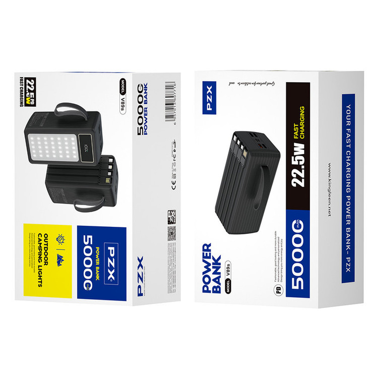پاوربانک 22.5 وات پی زد ایکس مدل V89s PD Fast Charge ظرفیت 50000 میلیآمپرساعت به همراه چهار کابل متصل USB-A، USB-C، MicroUSB و لایتنینگ