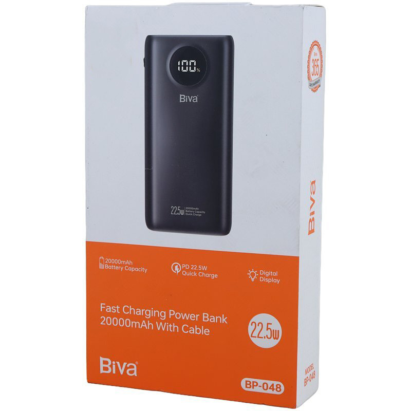 پاوربانک 22.5 وات بیوا مدل BP-048 ظرفیت 20000 میلیآمپرساعت به همراه دو عدد کابل Type-C و لایتنینگ