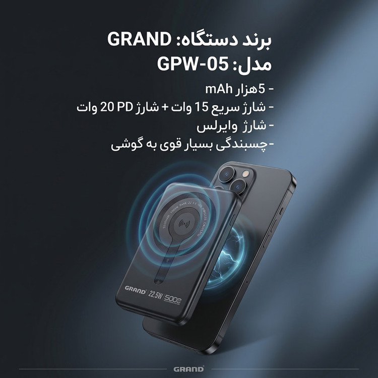 پاوربانک بیسیم 22.5 وات گرند اسکای مدل مگ سیف GPW-05 ظرفیت 5000 میلی آمپرساعت
