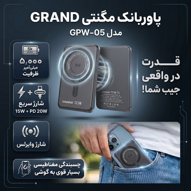 پاوربانک بیسیم 22.5 وات گرند اسکای مدل مگ سیف GPW-05 ظرفیت 5000 میلی آمپرساعت