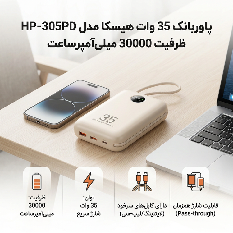پاوربانک 35 وات هیسکا مدل HP-305PD ظرفیت 30000 میلیآمپرساعت