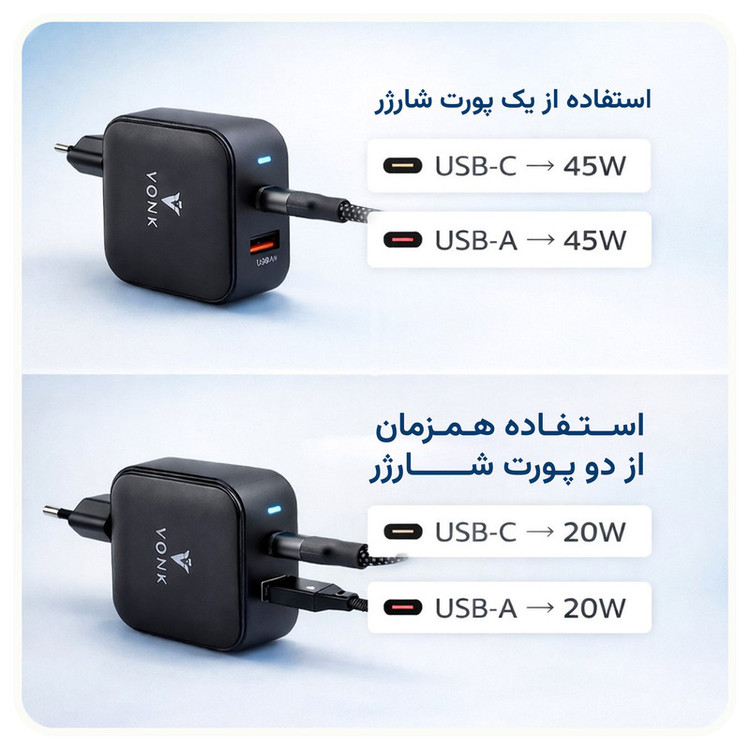 شارژر دیواری 45 وات دو پورت وونک مدل PD 45 به همراه کابل usb-c