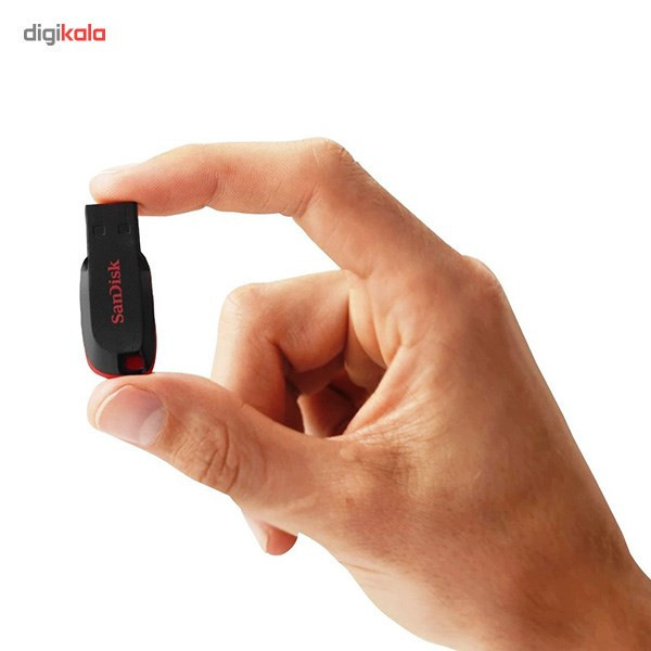 فلش مموری 64 گیگابایت سن دیسک مدل Cruzer Blade CZ50 با رابط USB 2.0، بدنه مات مقاوم در برابر اثر انگشت، قابلیت رمزگذاری نرمافزاری و شیار اتصال بند