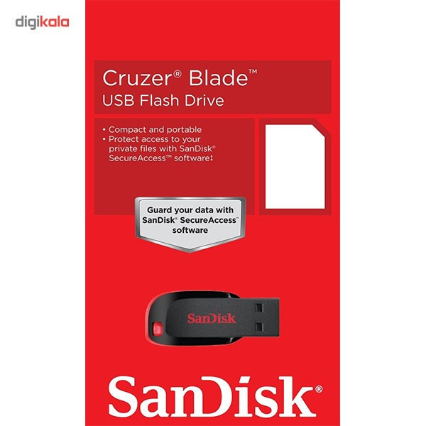 فلش مموری 64 گیگابایت سن دیسک مدل Cruzer Blade CZ50 با رابط USB 2.0، بدنه مات مقاوم در برابر اثر انگشت، قابلیت رمزگذاری نرمافزاری و شیار اتصال بند