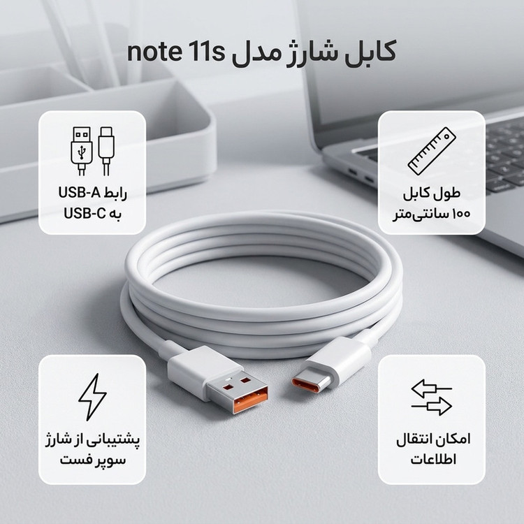 کابل شارژ USB به USB-C توربو مدل note 11s طول 1 متر
