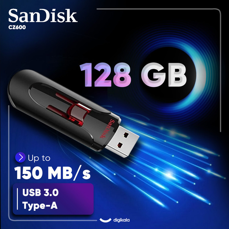 فلش مموری سن دیسک مدل CZ600 ظرفیت 128 گیگابایت رابط USB 3.0 Type-A کشویی، سرعت انتقال 150 مگابایت بر ثانیه، سازگار با گوشی، تبلت، کامپیوتر، لپتاپ و تلویزیون