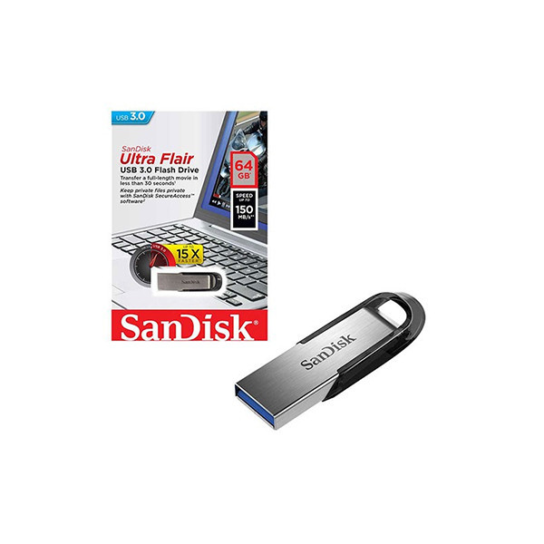 فلش مموری 64 گیگابایت سن دیسک مدل Ultra Flair SDCZ73 با رابط USB سه، بدنه فلزی مقاوم در برابر ضربه و خش