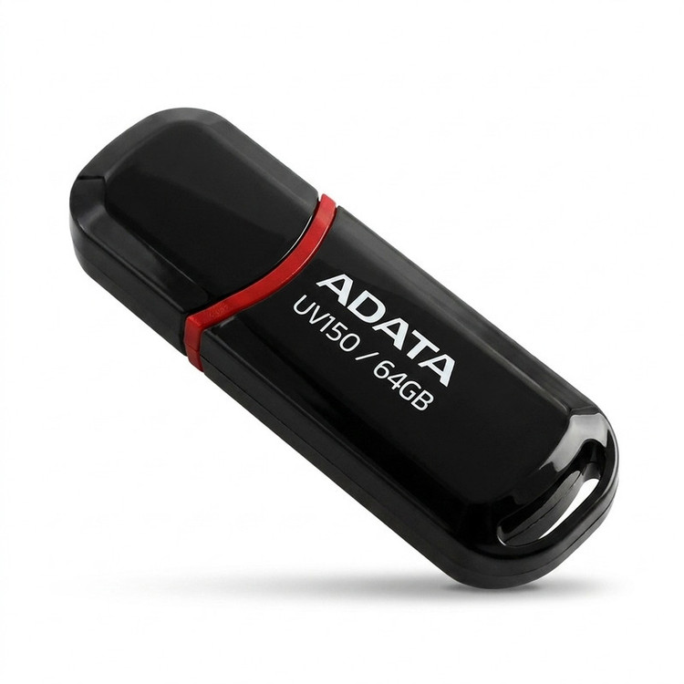 فلش مموری ای دیتا مدل UV150 ظرفیت 64 گیگابایت، رابط USB 3.2 Gen1 با سرعت خواندن 100 مگابایت بر ثانیه، درپوشدار، سازگار با ویندوز، مک و لینوکس، مناسب موبایل، تبلت، لپتاپ و تلویزیون