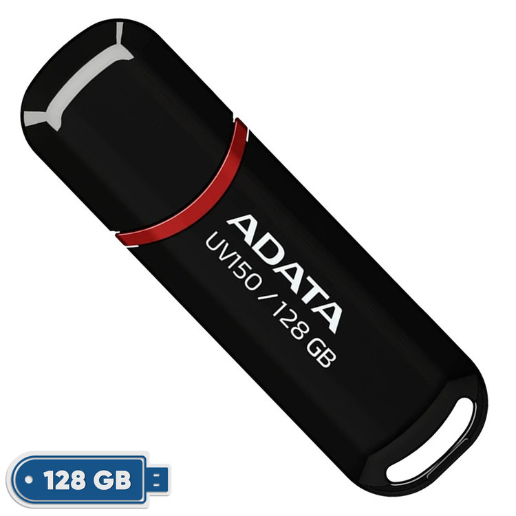 فلش مموری ای دیتا مدل UV150 ظرفیت 128 گیگابایت با رابط USB 3.2 Gen1 و پشتیبانی از انواع سیستمعامل، طراحی درپوشدار و سازگار با کامپیوتر، لپتاپ، موبایل و تلویزیون