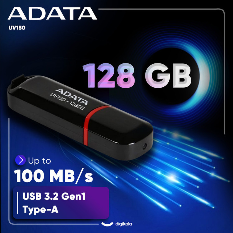 فلش مموری ای دیتا مدل UV150 ظرفیت 128 گیگابایت با رابط USB 3.2 Gen1 و پشتیبانی از انواع سیستمعامل، طراحی درپوشدار و سازگار با کامپیوتر، لپتاپ، موبایل و تلویزیون