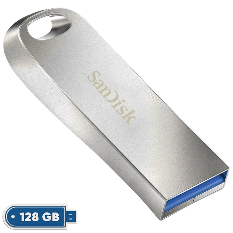 فلش مموری سن دیسک مدل Ultra Luxe ظرفیت 128 گیگابایت با بدنه فلزی، رابط USB 3.1 Type-A، سرعت خواندن 150 مگابایت بر ثانیه و نرمافزار کدگذاری SanDisk Secure Access