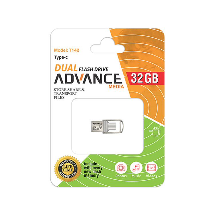 فلش مموری 32 گیگابایتی ادونس مدل T142، با رابطهای USB Type-C و USB Type-A، استاندارد USB 3.2 Gen2، بدنه فلزی و طراحی بدون درپوش