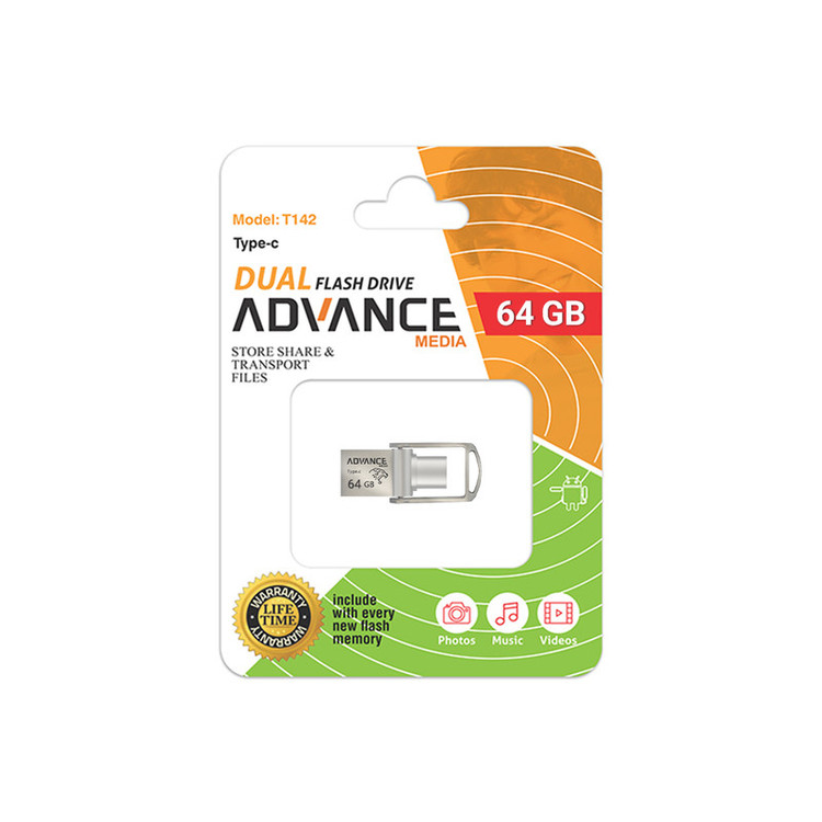 فلش مموری 64 گیگابایتی ادونس مدل T142، با 2 رابط USB Type-A و USB Type-C، استاندارد USB 3.2 Gen2، بدنه فلزی، طراحی بدون درپوش و پشتیبانی از Plug & Play و OTG
