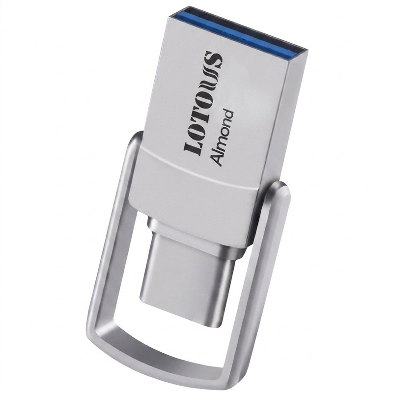 فلش مموری 32 گیگابایت لوتوس مدل Almond با رابط‌های USB Type-A و USB Type-C، استاندارد USB 3.2 Gen2، طراحی چرخشی و بدنه فلزی