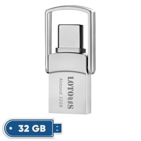 فلش مموری 32 گیگابایت لوتوس مدل Almond با رابطهای USB Type-A و USB Type-C، استاندارد USB 3.2 Gen2، طراحی چرخشی و بدنه فلزی