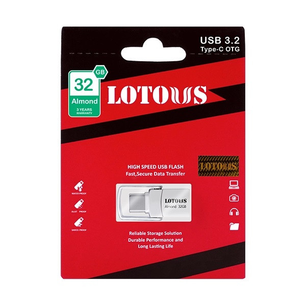 فلش مموری 32 گیگابایت لوتوس مدل Almond با رابطهای USB Type-A و USB Type-C، استاندارد USB 3.2 Gen2، طراحی چرخشی و بدنه فلزی