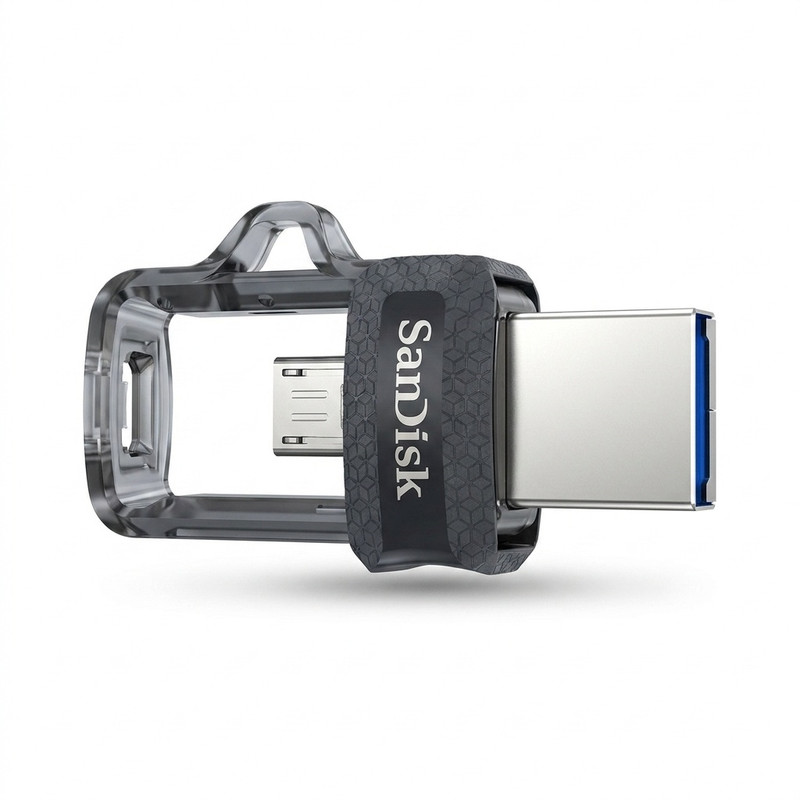 فلش مموری 32 گیگابایت سن دیسک مدل Ultra Dual Drive M3.0 با دو درگاه USB سه‌نقطه‌صفر و microUSB، سرعت خواندن تا 150 مگابایت بر ثانیه و اتصال مستقیم به دستگاه‌های دارای OTG