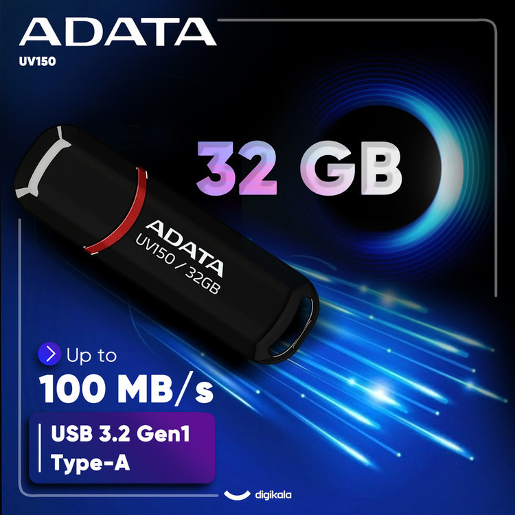 فلش مموری ای دیتا مدل UV150 ظرفیت 32 گیگابایت با رابط USB 3.2 Gen1، سرعت خواندن 90 مگابایت بر ثانیه، سرعت نوشتن 40 مگابایت بر ثانیه، طراحی درپوشدار و سازگار با ویندوز، مک و لینوکس