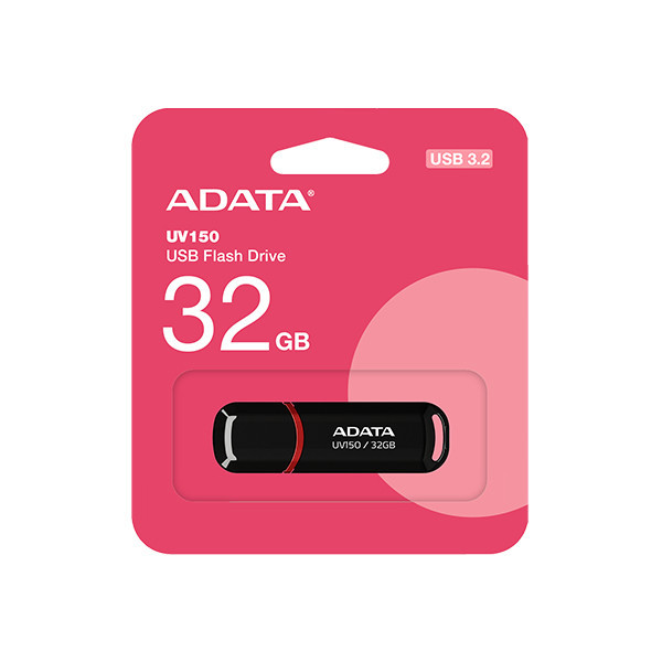 فلش مموری ای دیتا مدل UV150 ظرفیت 32 گیگابایت با رابط USB 3.2 Gen1، سرعت خواندن 90 مگابایت بر ثانیه، سرعت نوشتن 40 مگابایت بر ثانیه، طراحی درپوشدار و سازگار با ویندوز، مک و لینوکس