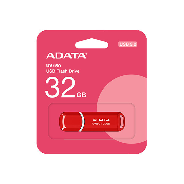 فلش مموری ای دیتا مدل UV150 ظرفیت 32 گیگابایت با رابط USB 3.2 Gen1، سرعت خواندن 90 مگابایت بر ثانیه، سرعت نوشتن 40 مگابایت بر ثانیه، طراحی درپوشدار و سازگار با ویندوز، مک و لینوکس