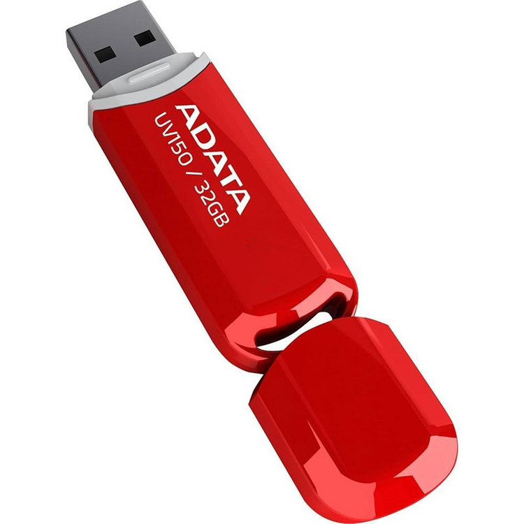 فلش مموری ای دیتا مدل UV150 ظرفیت 32 گیگابایت با رابط USB 3.2 Gen1، سرعت خواندن 90 مگابایت بر ثانیه، سرعت نوشتن 40 مگابایت بر ثانیه، طراحی درپوشدار و سازگار با ویندوز، مک و لینوکس