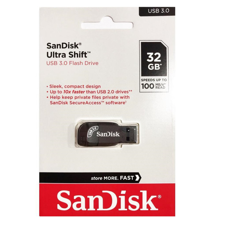 فلش مموری سن دیسک مدل ULTRA SHIFT CZ410 ظرفیت 32 گیگابایت، رابط USB 3.1 با سرعت خواندن 100 مگابایت بر ثانیه، مناسب ضبط خودرو و تلویزیون، دارای نرمافزار امنیتی SanDisk SecureAccess و بازیابی فایل RESCUEPRO DELUXE