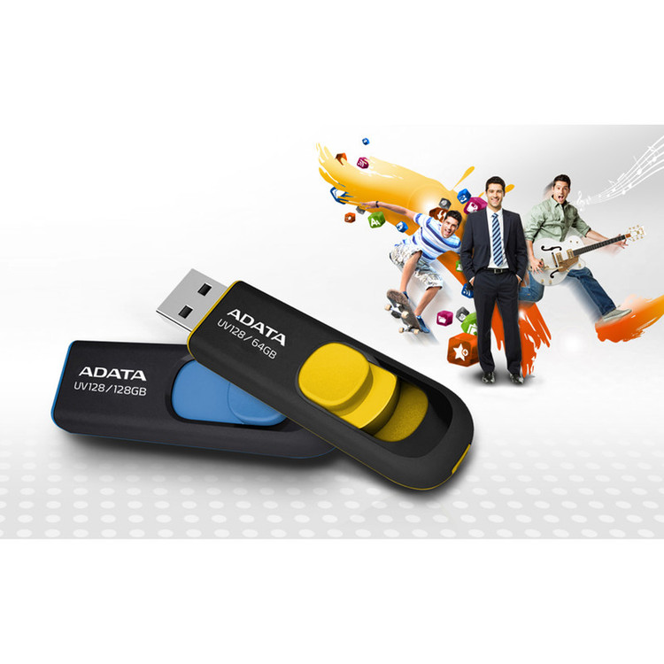 فلش مموری 32 گیگابایتی دیتا مدل DashDrive UV128، رابط USB 3.0، سرعت خواندن حداکثر 90 مگابایت بر ثانیه و نوشتن حداکثر 40 مگابایت بر ثانیه، طراحی کشویی، سازگار با USB 2.0، بدنه مات ضد خش و ضد گرد و خاک
