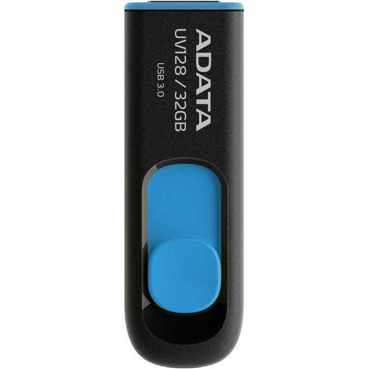 فلش مموری 32 گیگابایتی دیتا مدل DashDrive UV128، رابط USB 3.0، سرعت خواندن حداکثر 90 مگابایت بر ثانیه و نوشتن حداکثر 40 مگابایت بر ثانیه، طراحی کشویی، سازگار با USB 2.0، بدنه مات ضد خش و ضد گرد و خاک