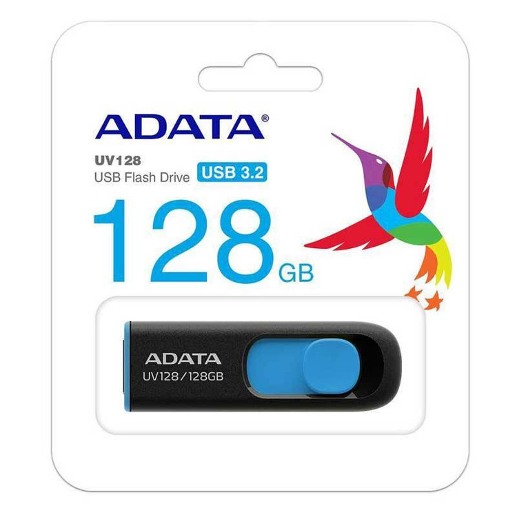 فلش مموری 128 گیگابایت ای دیتا مدل UV128 با رابط USB 3.2 و طراحی کشویی، مقاوم در برابر شوک، لرزش و گردوغبار