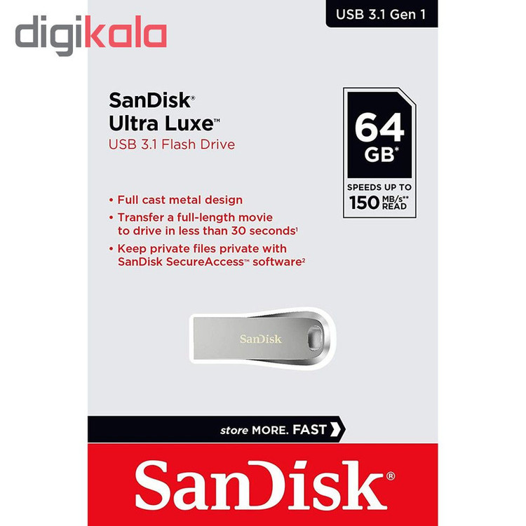 فلش مموری سن دیسک Ultra Luxe ظرفیت 64 گیگابایت با رابط USB 3.1 سرعت خواندن تا 150 مگابایت بر ثانیه، بدنه فلزی مقاوم، پشتیبانی از نرمافزار رمزگذاری اطلاعات