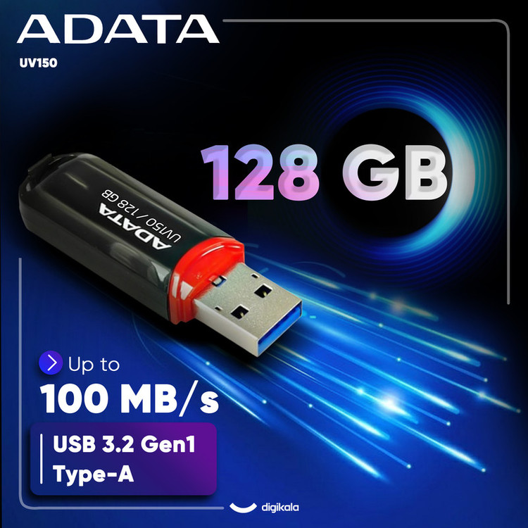 فلش مموری 128 گیگابایت ای دیتا مدل UV150 با رابط USB Type-A و استاندارد USB سهنقطهدو نسل 1، طراحی درپوشدار و سازگار با موبایل، تبلت، رایانه و تلویزیون