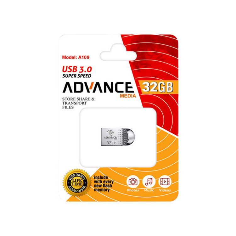 فلش مموری 32 گیگابایتی ادونس مدل A109، با رابط USB 3.0 و USB Type-A، بدنه فلزی، سازگار با USB 2.0 و قابلیت Plug & Play