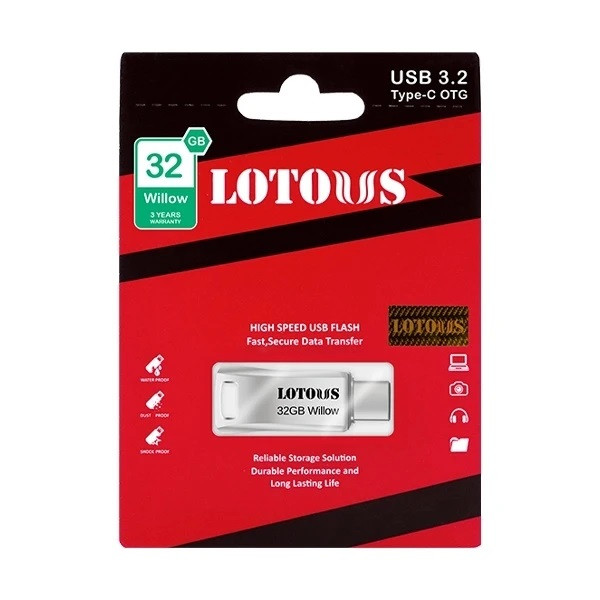 فلش مموری 32 گیگابایتی لوتوس مدل Willow، دارای 2 رابط USB Type-A و USB Type-C، استاندارد USB 3.2 Gen2، سرعت خواندن 190 و نوشتن 90 مگابایت بر ثانیه، پشتیبانی از OTG و مقاوم در برابر آب، ضربه، شوک و لرزش