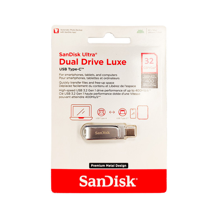 فلش مموری 32 گیگابایت سن دیسک مدل Ultra Dual Drive Luxe با رابطهای USB Type-A و USB Type-C، استاندارد USB 3.2 Gen1 و بدنه فلزی چرخشی