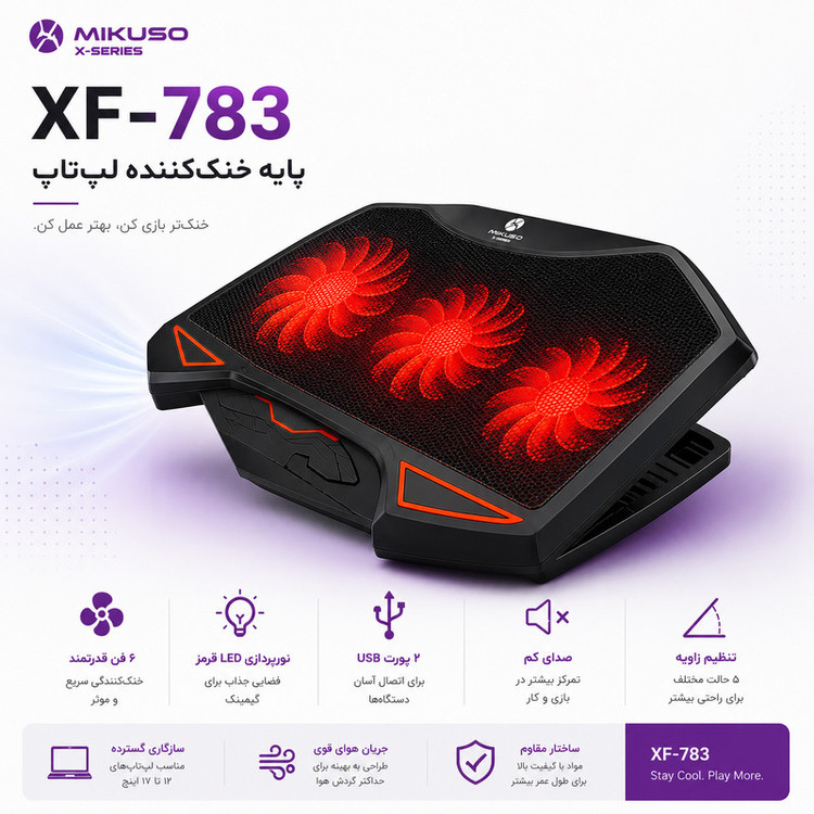 پایه خنککننده لپتاپ میکوسو مدل XF-783 دارای سه عدد فن مناسب برای لپ تاپهای 14.1 تا 15.6 اینچی